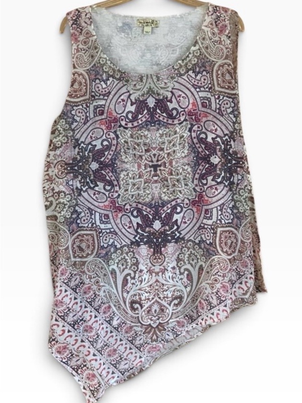 ONE WORLD BOHO Print Pointed Hem Sleeveless Chiffon Overlay SZ 1X Like New